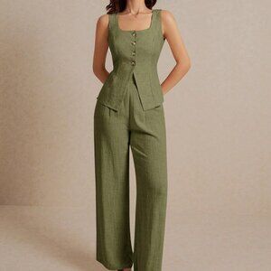 Army Green Casual Women's Summer Linen Sleeveless Vest Top And Trousers Set